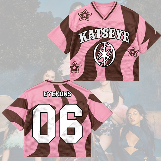 KATSEYE The Wildworld Tour Bonbon-Pink Braun Wirbel Gewelltes gemischtes Mesh-Trikot Fan-Geschenke