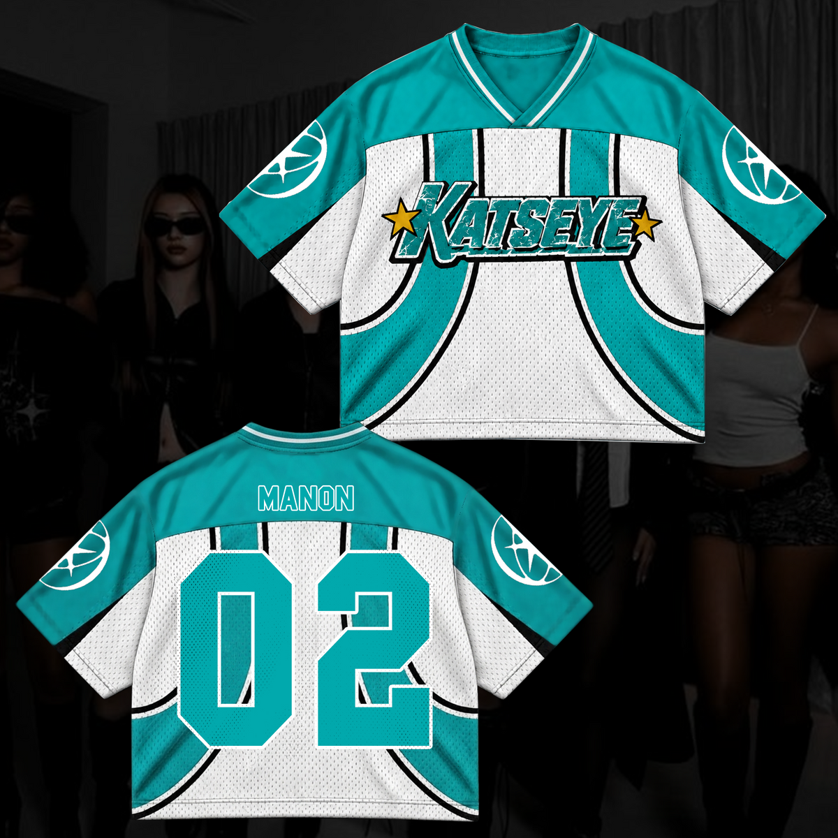 Katseye Wildworld Tour Retro Sporty Teal White Mixed Mesh Jersey Outfit für Eyekons