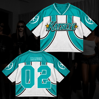 Katseye Wildworld Tour Retro Sporty Teal White Mixed Mesh Jersey Outfit für Eyekons