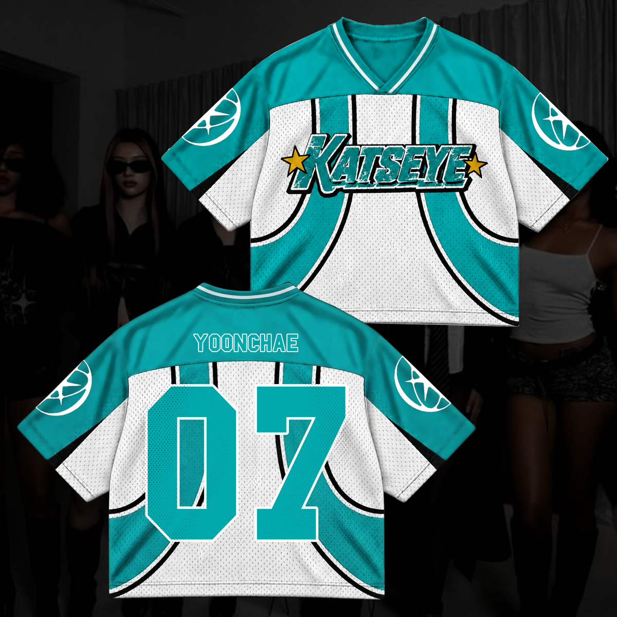 Katseye Wildworld Tour Retro Sporty Teal White Mixed Mesh Jersey Outfit für Eyekons