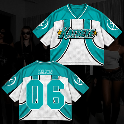 Katseye Wildworld Tour Retro Sporty Teal White Mixed Mesh Jersey Outfit für Eyekons