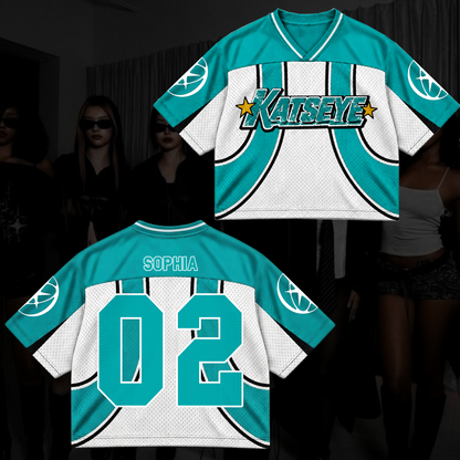 Katseye Wildworld Tour Retro Sporty Teal White Mixed Mesh Jersey Outfit für Eyekons