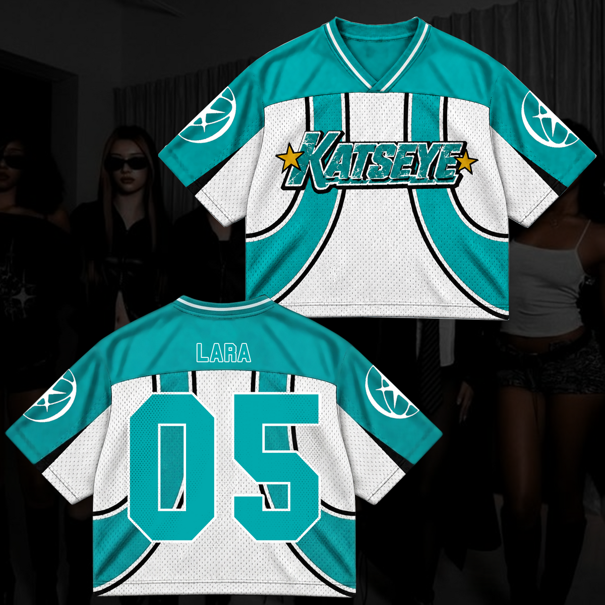 Katseye Wildworld Tour Retro Sporty Teal White Mixed Mesh Jersey Outfit für Eyekons
