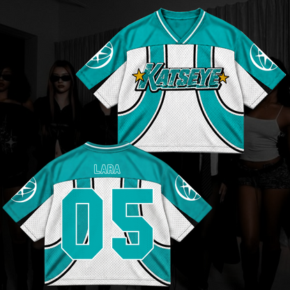 Katseye Wildworld Tour Retro Sporty Teal White Mixed Mesh Jersey Outfit für Eyekons