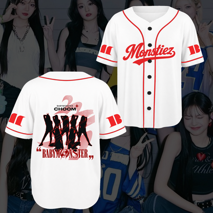 Atemberaubendes BABYMONSTER Choom Trikot Weißes Monstiez Baseballshirt
