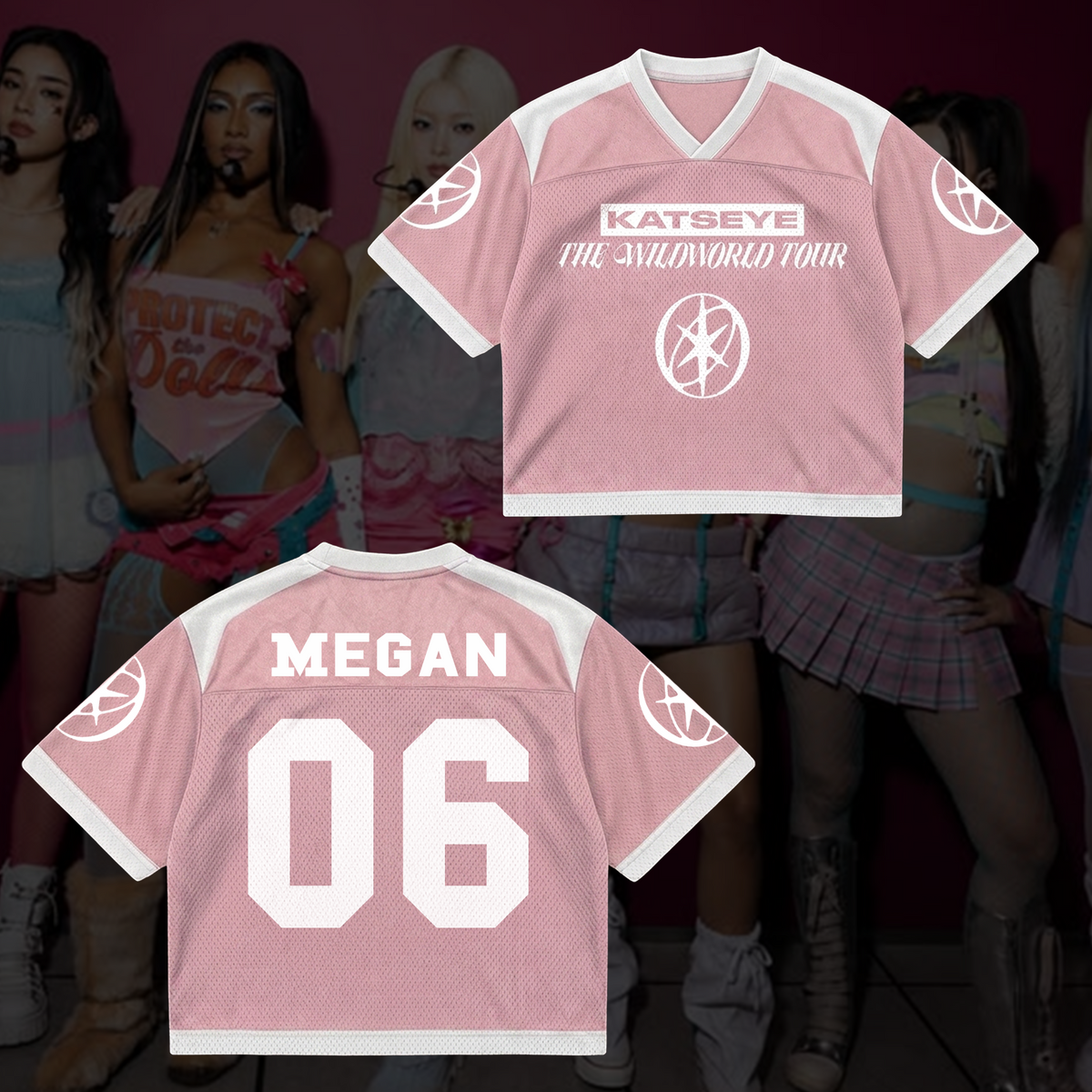 Schickes KATSEYE The Wildworld Tour Jersey mit Netzstoff-Einsätzen, Pastellrosa, Streetwear-Fanartikel