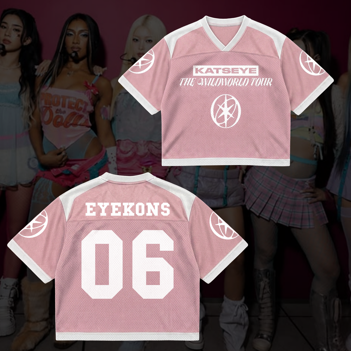 Schickes KATSEYE The Wildworld Tour Jersey mit Netzstoff-Einsätzen, Pastellrosa, Streetwear-Fanartikel
