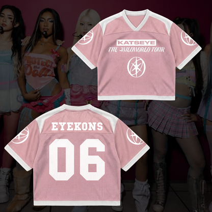 Schickes KATSEYE The Wildworld Tour Jersey mit Netzstoff-Einsätzen, Pastellrosa, Streetwear-Fanartikel