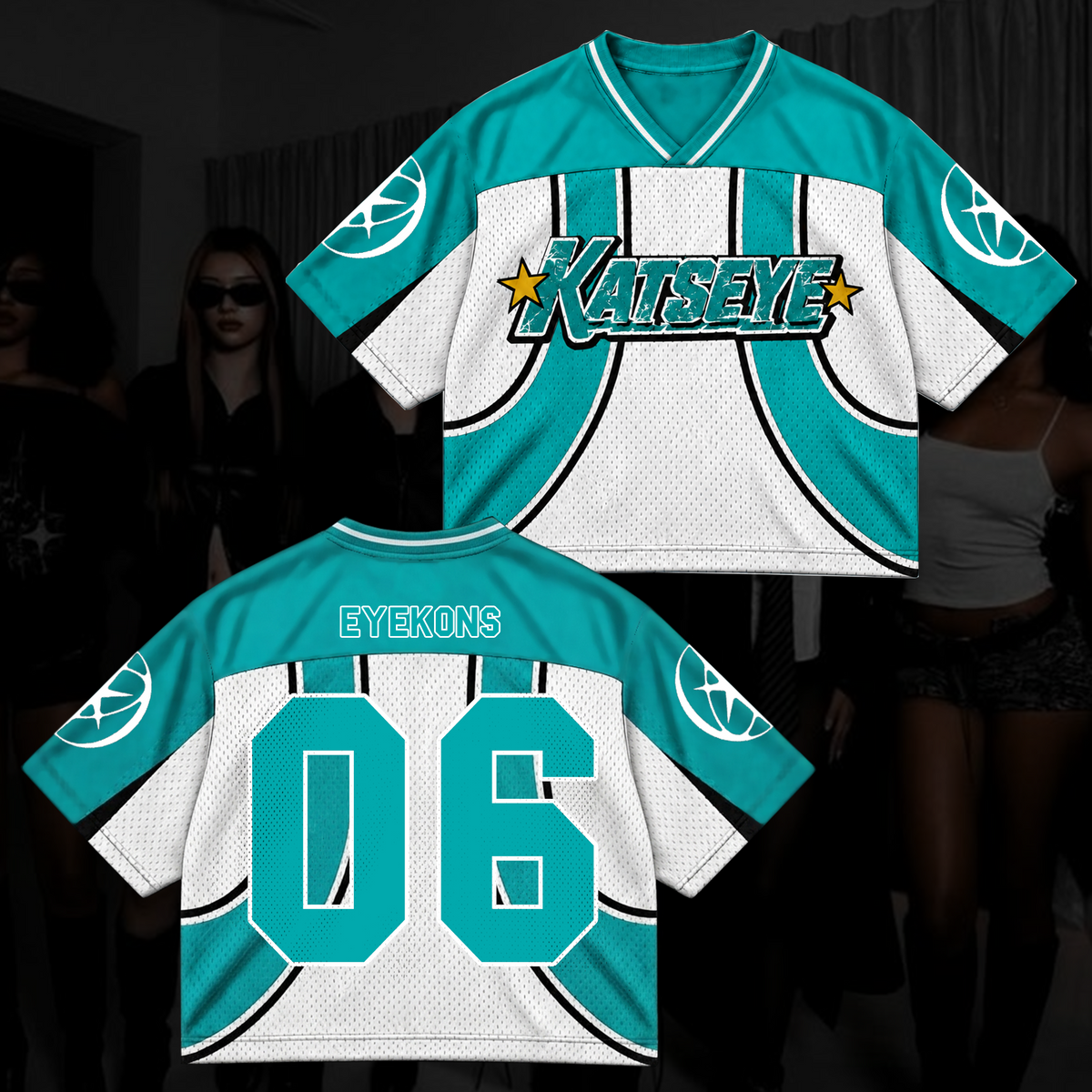 Katseye Wildworld Tour Retro Sporty Teal White Mixed Mesh Jersey Outfit für Eyekons