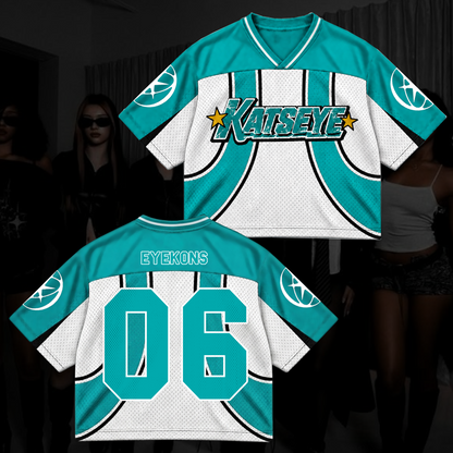 Katseye Wildworld Tour Retro Sporty Teal White Mixed Mesh Jersey Outfit für Eyekons