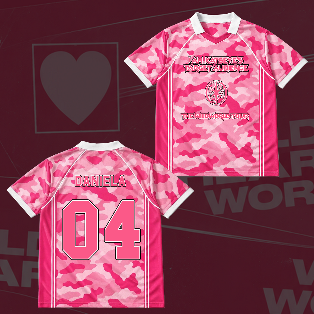 Katseye The Wildworld Tour Baseballshirt mit Flügel-Ausschnitt in Pink Camo Geschenk für Fans