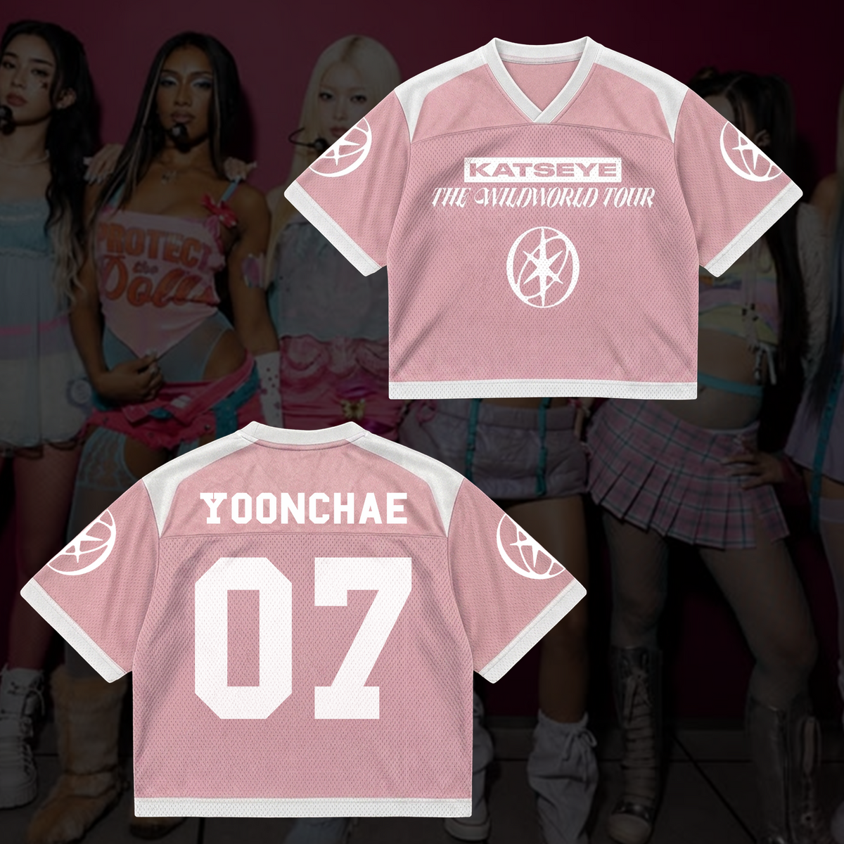 Schickes KATSEYE The Wildworld Tour Jersey mit Netzstoff-Einsätzen, Pastellrosa, Streetwear-Fanartikel