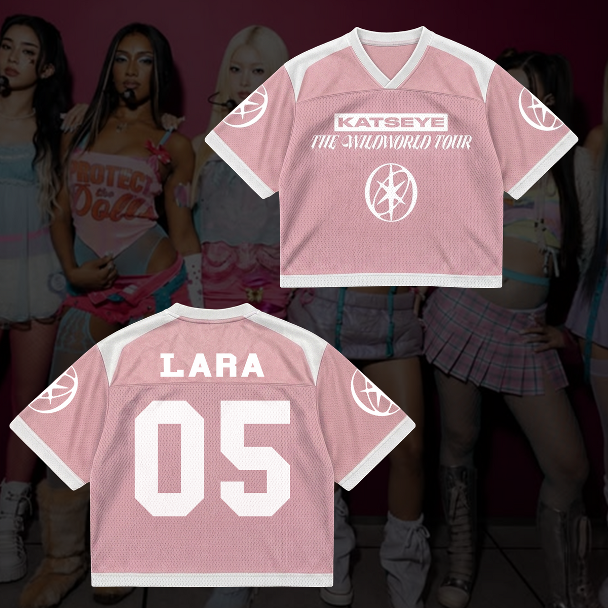 Schickes KATSEYE The Wildworld Tour Jersey mit Netzstoff-Einsätzen, Pastellrosa, Streetwear-Fanartikel