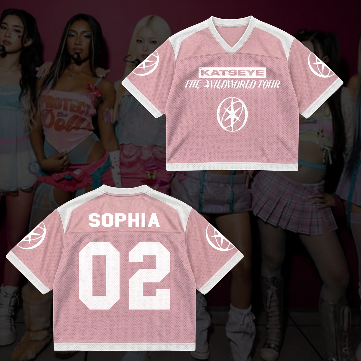 Schickes KATSEYE The Wildworld Tour Jersey mit Netzstoff-Einsätzen, Pastellrosa, Streetwear-Fanartikel