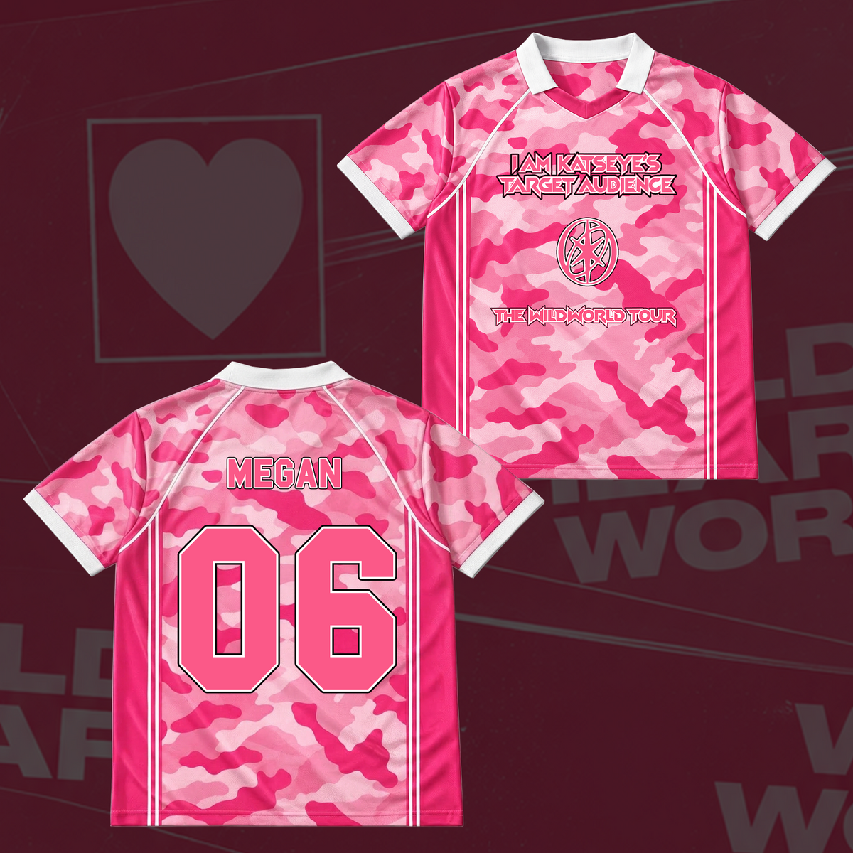 Katseye The Wildworld Tour Baseballshirt mit Flügel-Ausschnitt in Pink Camo Geschenk für Fans