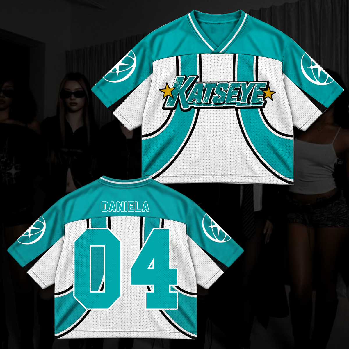Katseye Wildworld Tour Retro Sporty Teal White Mixed Mesh Jersey Outfit für Eyekons