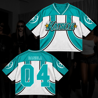 Katseye Wildworld Tour Retro Sporty Teal White Mixed Mesh Jersey Outfit für Eyekons