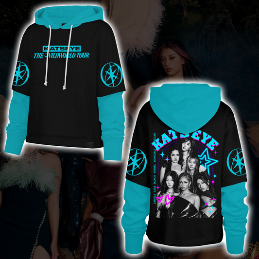 Fierce The Wildworld Tour Katseye Cyberpunk Neon-Türkis Shortstop Hoodie Geschenk für Fans