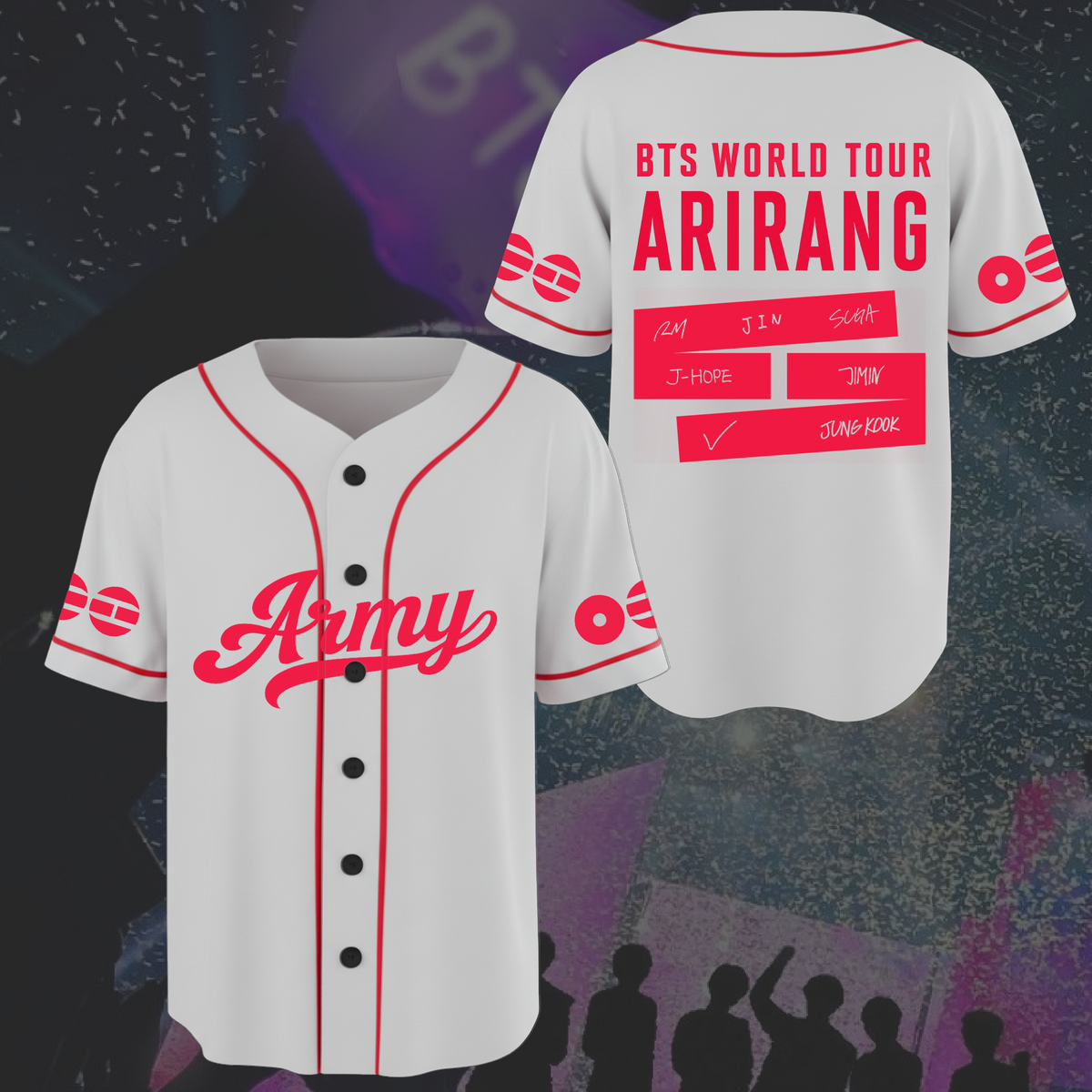 Explosives BTS World Tour Arirang weißes Baseball-Trikot