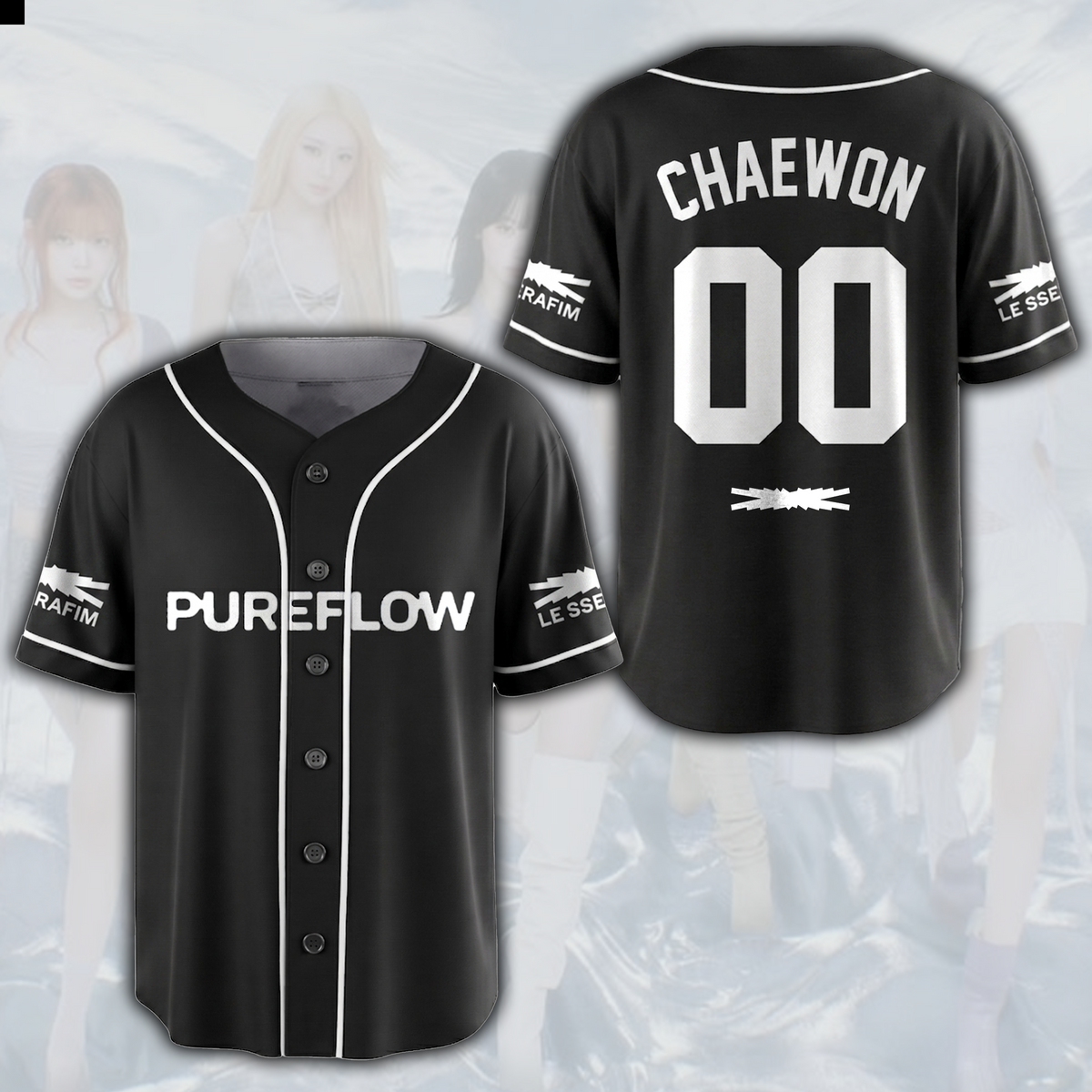 Pureflow World Tour Le Sserafim schwarzes Baseball-Trikot Geschenk für Fans