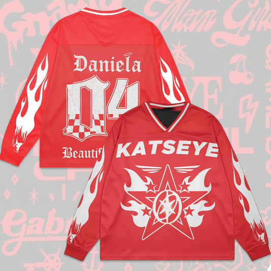 WAVESTEEᵀᴹ Katseye Red Beautiful Chaos Langarmshirt mit Netzeinsätzen