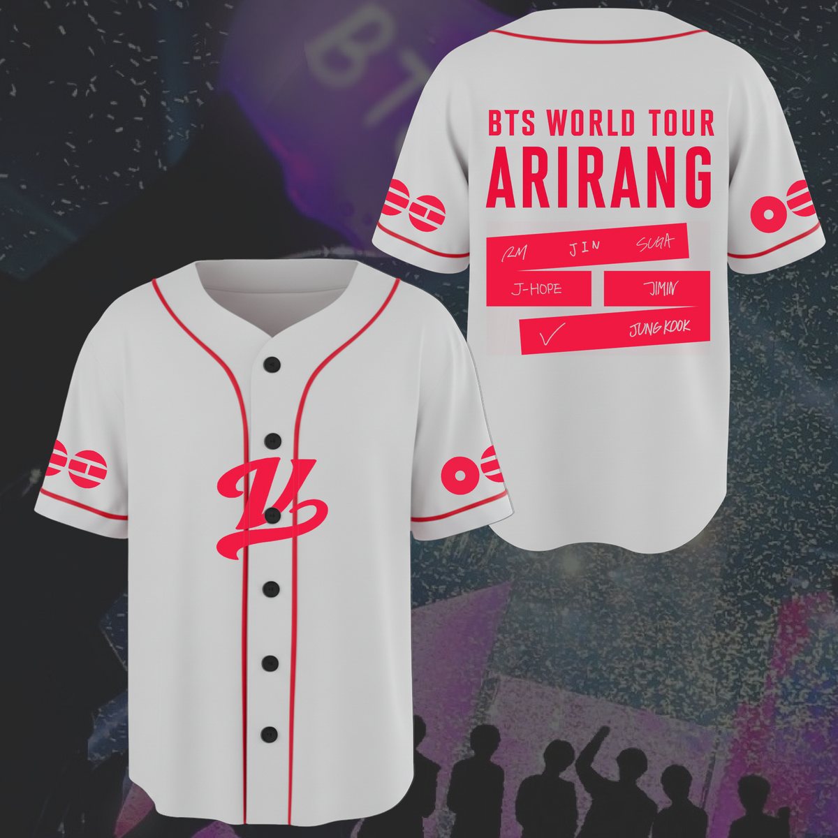 Explosives BTS World Tour Arirang weißes Baseball-Trikot